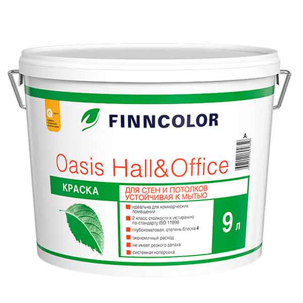 Краска в/д Finncolor Oasis Hall&Office 4 моющаяся белая основа А 9 л ...
