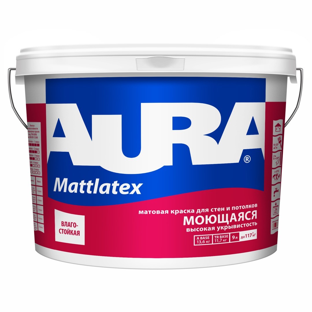 Краска AURA MATTLATEX моющаяся для стен и потолков база А белая 9 л- nav