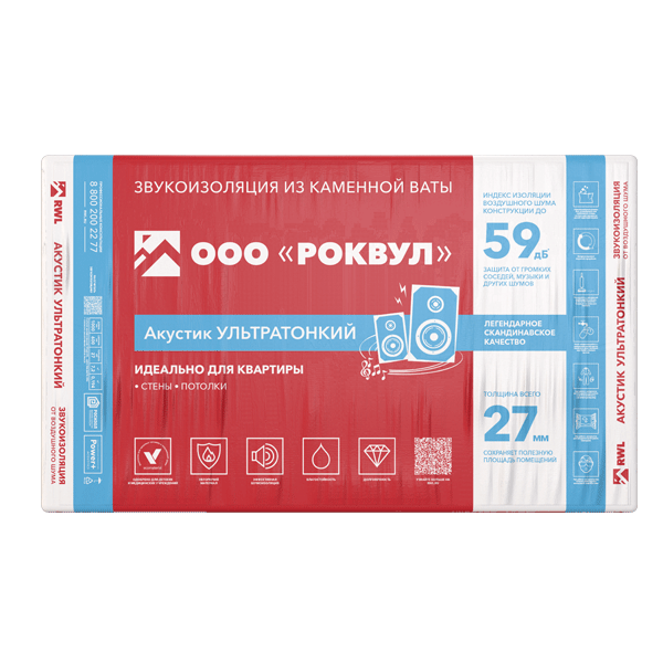 Шумоизоляция Rockwool Акустик Баттс Ультратонкий 27х600х1000 мм 7,2 кв.м картинка Шумоизоляция Rockwool Акустик Баттс