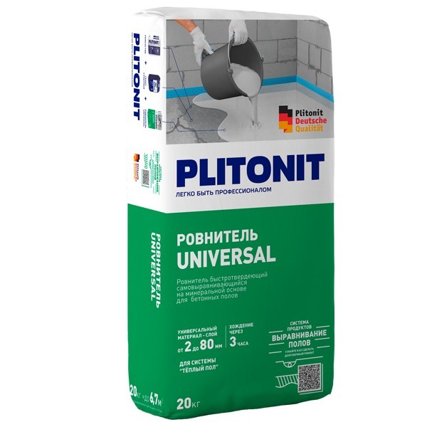 Ровнитель для пола Плитонит Universal+ 20 кг самовыравнивающий, толщина слоя от 4-80мм (48) картинка Ровнитель для пола Плитонит