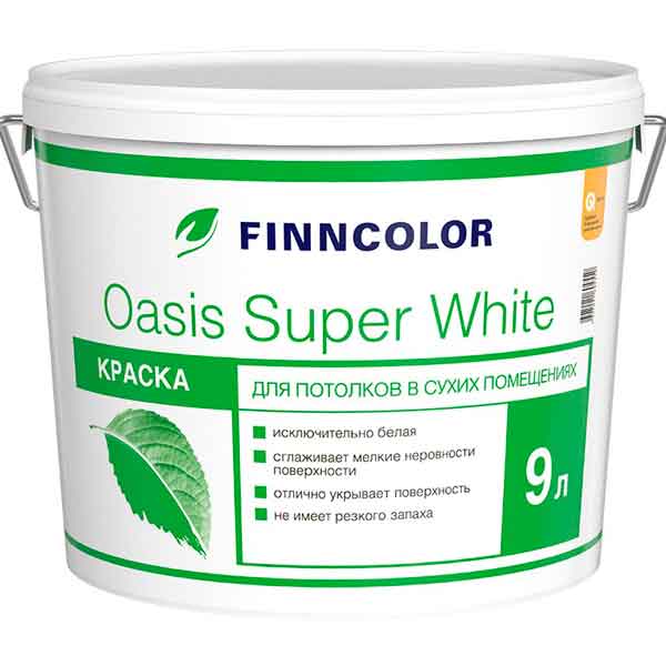 Краска ФИННКОЛОР OASIS SUPER WHITE для потолков в сух помещ база А сов/мат 9 л / 14 кг картинка Краска ФИННКОЛОР OASIS SUPER