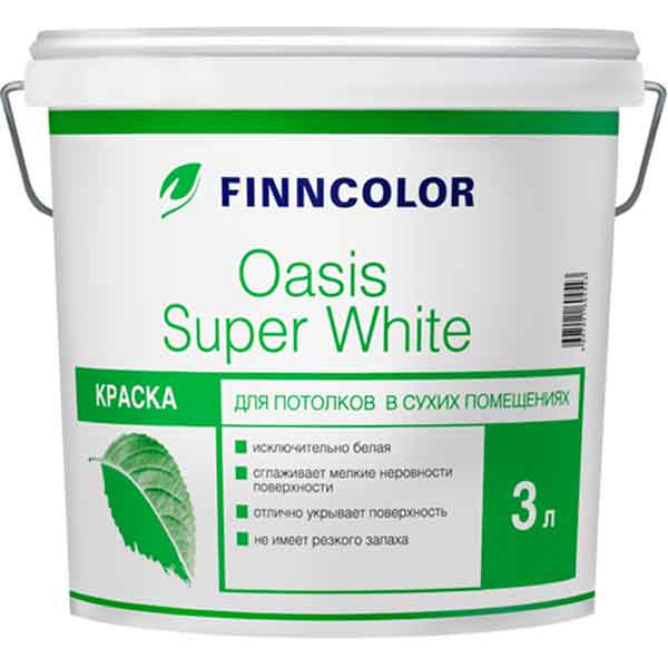 Краска ФИННКОЛОР OASIS SUPER WHITE для потолков в сух помещ база А сов/мат 3 л картинка Краска ФИННКОЛОР OASIS SUPER