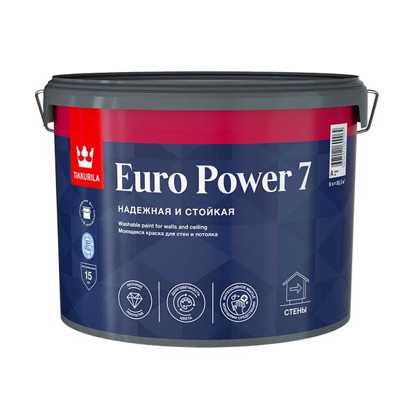 Краска ТИККУРИЛА EURO POWER 7 интерьерная моющаяся база А мат 9 л / 13 кг картинка Краска ТИККУРИЛА EURO POWER