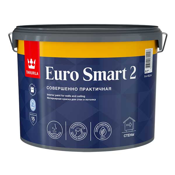 Краска водно-дисперсионная интерьерная Tikkurila/Tikkivala Euro Smart 2 белая основа А 9 л- nav