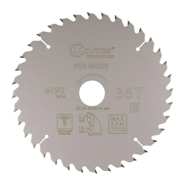Диск пильный по дереву Cutop Profi plus c тефлоновым покрытием 36Т 190 х1.5/2.2 х 30/25.4/20/16 мм- nav