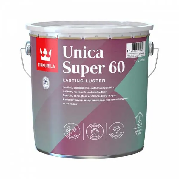 Лак алкидно-уретановый Tikkurila Unica Super 60 основа EP бесцветный 2.7 л полуглянцевый картинка Лак алкидно-уретановый Tikkurila Unica