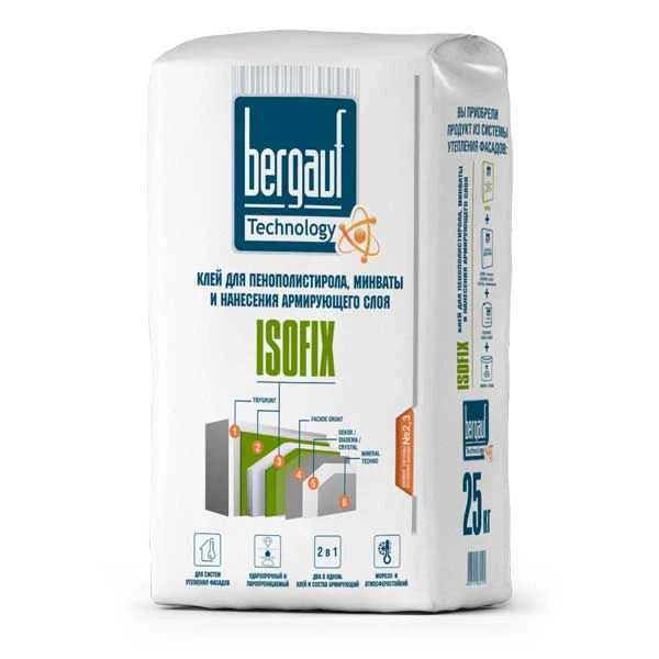 Клей Bergauf Isofix для пенополистирола, минер. ваты и армир. слоя 25 кг (56) картинка Клей Bergauf Isofix для