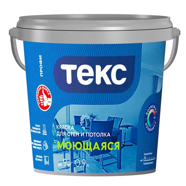 Краска в/д Текс Профи моющаяся белая основа А 0.9 л картинка Краска в/д Текс Профи