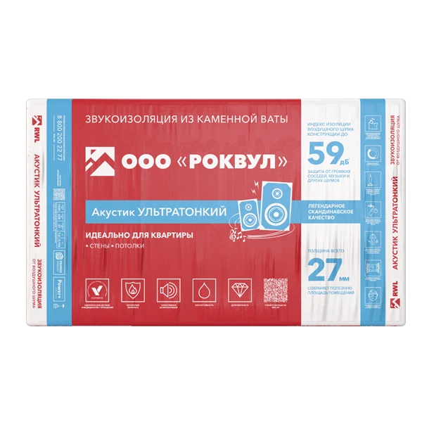 Шумоизоляция Rockwool Акустик Баттс Ультратонкий 27х600х1000 мм 7,2 кв.м картинка Шумоизоляция Rockwool Акустик Баттс