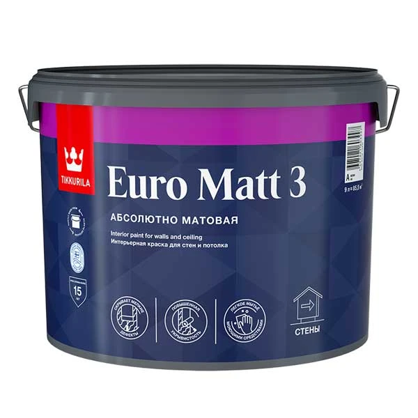 Краска ТИККУРИЛА EURO MATT 3 интерьерная для сух помещ база А сов/мат 9 л / 15 кг картинка Краска ТИККУРИЛА EURO MATT