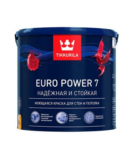 Краска в/д Tikkurila Euro Power 7 моющаяся белая основа А 2.7 л-0