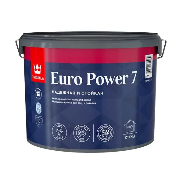 Краска моющаяся Tikkurila/Tikkivala Euro Power 7 база С бесцветная 9 л- nav
