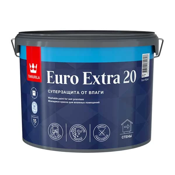 Краска моющаяся Tikkurila/Tikkivala Euro Extra 20 база А белая 9 л- nav