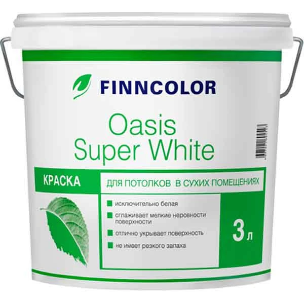 Краска ФИННКОЛОР OASIS SUPER WHITE для потолков в сух помещ база А сов/мат 3 л картинка Краска ФИННКОЛОР OASIS SUPER