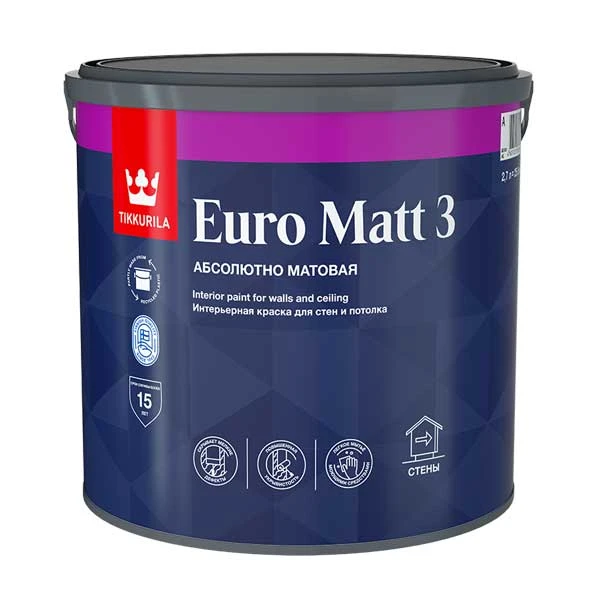 Краска ТИККУРИЛА EURO MATT 3 интерьерная для сух помещ база А сов/мат 2,7 л картинка Краска ТИККУРИЛА EURO MATT